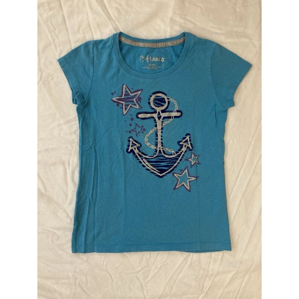 Size S Hanes girls clothes - 1 piece T shirt | solid blue, stars & anchor theme